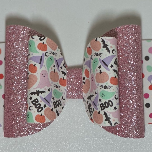 Halloween Pink Boo Ghost Faux Leather Hair Bow Spooky Fall - Picture 1 of 6